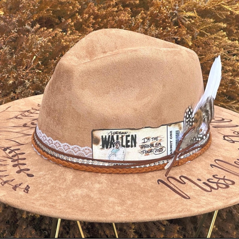 Women’s Tan Suede Morgan Wallen Hat with Feather Accent